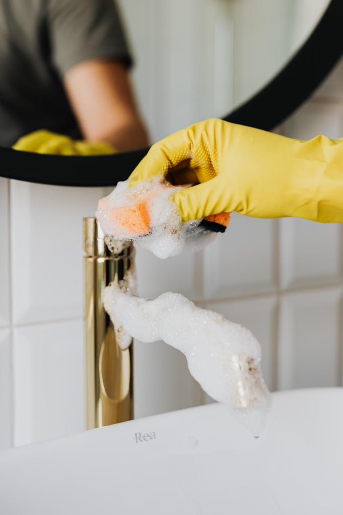 Close-up of a hand in a yellow glove cleaning a bathroom faucet with foam.